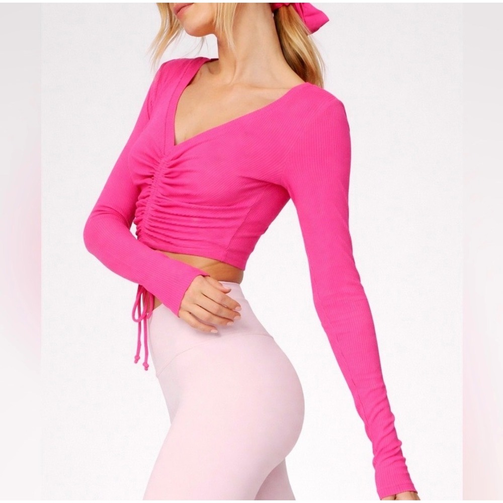Alo Yoga Long Sleeve Top XS Pink Ruched Ribbed Cinched Crop V-Neck Athleisure
